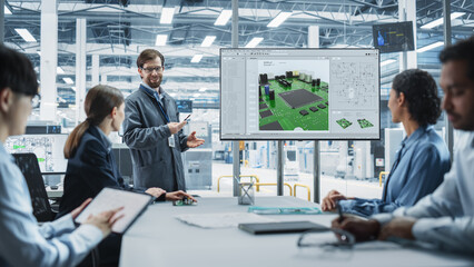 Poster - Electronics Factory Office Meeting: Caucasian Head Of Engineering Presenting Motherboard For Powerful Microchips On TV Set. Diverse Managers And Technicians Listening and Planning Production.
