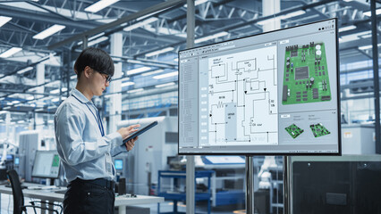Fototapete - Focused Asian Male Engineer Using Tablet In Front Of TV With Printed Circuit Board Blueprint. Smart Technician Thinking About Performance Improvement Of New Motherboards On Electronics Factory.