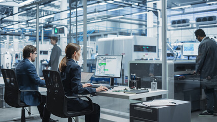 Poster - Automated Electronics Factory With Robotic Arms: Diverse Specialists Working On Production Line Of Circuit Boards For Modern High Tech Devices. Engineers, Assembly Line Workers, Managers Working.