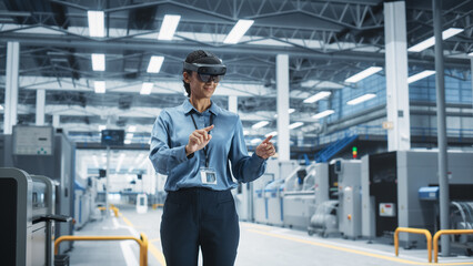 Fototapete - Hispanic Female Engineer Wearing an Augmented Reality Headset And Controlling Autonomous Production At an Electronics Factory. Technician Using Gestures To Configure Assembly Line of High Tech Devices