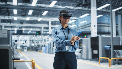 Leinwandbilder - Hispanic Female Engineer Wearing an Augmented Reality Headset And Controlling Autonomous Production At an Electronics Factory. Woman Using Gestures To Configure Assembly Line of High Tech Devices