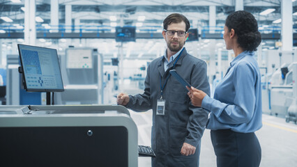 Poster - Caucasian Industrial Engineer And Hispanic Female Supervisor Using Tablet And Talking At Electronics Factory. Man Using Soldering Jet Printer, Explaining Process Behind Production Of Microchips.