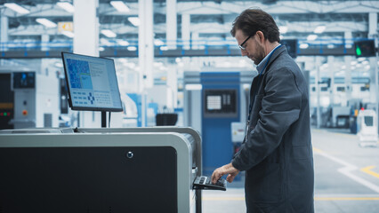 Poster - Caucasian Male Assembly Line Worker Using Soldering Jet Printer For Production Of Circuit Boards At Autonomous Factory. Man Working On Computer Parts For High Tech Artificial Intelligence Systems.