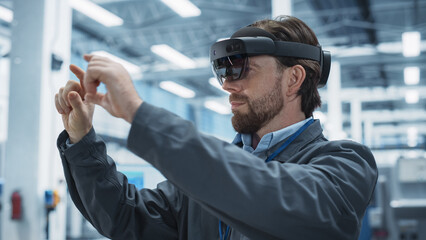 Leinwandbilder - Portrait of Caucasian Male Engineer Wearing an Augmented Reality Headset And Controlling Autonomous Production At an Electronics Factory. Technician Using Gestures To Configure Automated Assembly Line