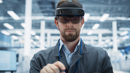 Leinwandbilder - Portrait Of Caucasian Male Engineer Wearing an Augmented Reality Headset, Controlling Autonomous Production At Electronics Factory. Man Using Gestures To Configure Assembly Line of High-Tech Devices.