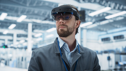 Fototapete - Portrait Of Caucasian Male Engineer Wearing Augmented Reality Headset, Controlling Autonomous Production At Electronics Factory. Man Using Gestures To Configure Assembly Line of High Tech Devices.