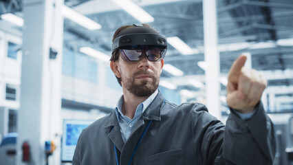 Fototapete - Portrait Of Caucasian Male Engineer Wearing Augmented Reality Headset, Controlling Autonomous Production At Electronics Factory. Man Using Gestures To Configure Assembly Line of Advanced Devices.