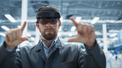 Leinwandbilder - Portrait Of Caucasian Male Engineer Wearing Augmented Reality Headset, Controlling Autonomous Production At Electronics Factory. Man Using Gestures To Configure Assembly Line of High-Tech Devices.