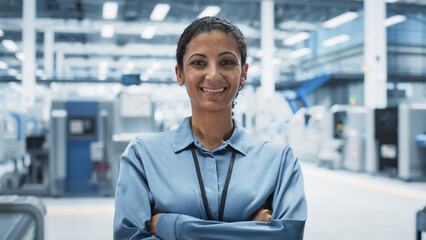 Leinwandbilder - Portrait of Hispanic Female Facility Technician Standing With Crossed Arms, Looking at Camera and Smiling. Industrial Specialist Working At Autonomous Electronics Factory, Producing High-Tech Devices.