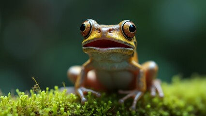 Wall Mural - A frog sitting on top of a green moss covered ground