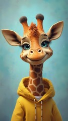 Canvas Print - A giraffe wearing a yellow hoodie standing in front of a blue background