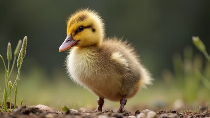 Wall Mural - A small yellow duck standing on top of a dirt field