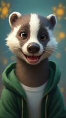 Sticker - A badger in a green hoodie smiles at the camera