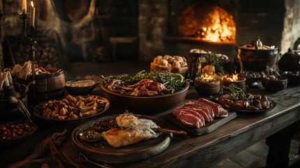 Wall Mural - Rustic feast displayed with roasted meats on a medieval wooden table