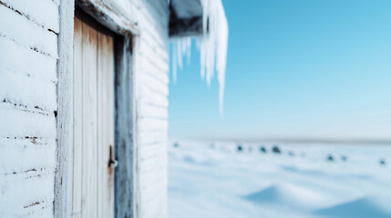 Wall Mural - Serene winter scene with icicles on an ancient white mausoleum, set against a snowy backdrop and clear blue sky