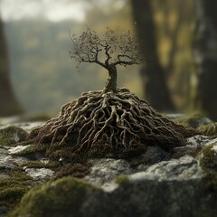 Poster - Ancient Tree Roots on Mossy Rock: Nature Photography