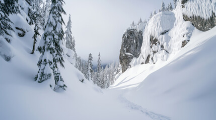 Wall Mural - snowy backcountry ski trail winding through mountain pass, surrounded by evergreens and icy cliffs
