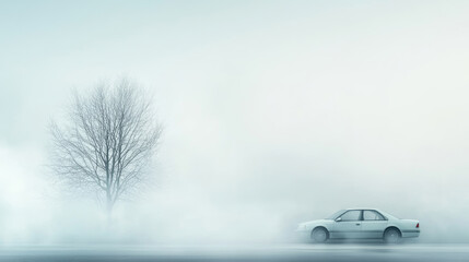 Wall Mural - mystical foggy scenery with a car emitting smoke that morphs into tree branches, representing the in