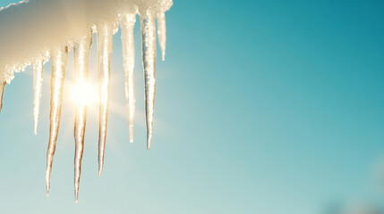 Wall Mural - Glistening icicles against a serene blue sky, capturing the beauty of winter's icy formations in a close-up shot