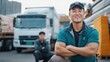 © LifeMedia - A smiling man at a logistics site poses confidently, exuding strength and trust amidst parked trucks, an embodiment of teamwork and reliability.