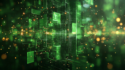 Wall Mural - green background with geometric squares and rectangular blocks, forming an abstract pattern, represe