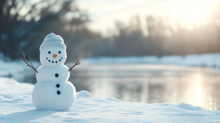 Wall Mural - winter wonderland: traditional snowman with twig arms and knitted hat basking in the sunset by a fro