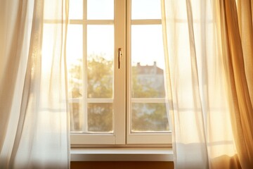 Wall Mural - Sunlight filtering through sheer curtains in a cozy room with a view of a peaceful neighborhood