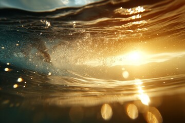 Sticker - Waves reflecting sunlight at sunset over a calm ocean with splashes and bubbles visible