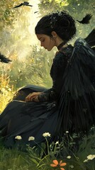 Canvas Print - Dark Angel in a Flower Garden: A Fantasy Painting