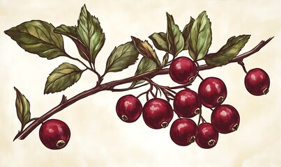 Poster - A Branch Of Red Berries And Green Leaves