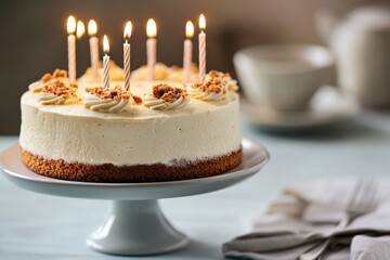 Wall Mural - Celebration cake with candles at a cozy indoor gathering during a special occasion