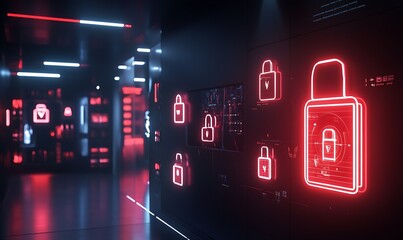 Wall Mural - neon padlock security system interface display