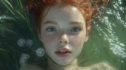 Poster - A woman with red hair and blue eyes swimming in the water