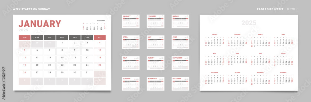Normal Calendar Set of 12 Pages Monthly Calendar Planner Templates and annual. Vector ...