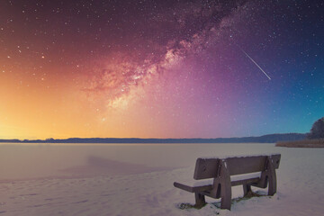 Wall Mural - Bench - Night view of the Sea - Starry Sky - Stars - Heaven - Lake - Nature - Landscape - Romantic - Darkness - Background - Concept - Winter - Snow