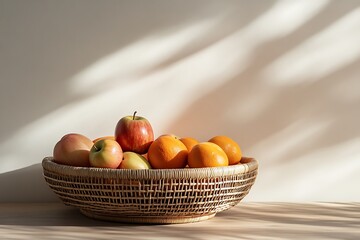 Wall Mural - A wicker basket filled with fresh apples and oranges on a wooden table.