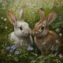 Sticker - Two Bunnies in a Flower Meadow: A Charming Springtime Scene