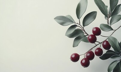 Wall Mural - Red Berries and Green Leaves on a Branch