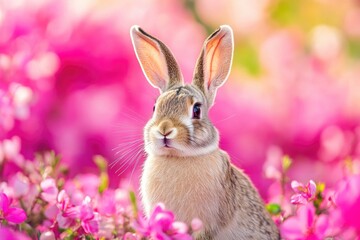 Poster - Rabbit in pink flower field