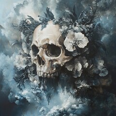 Wall Mural - Floral Skull in a Dreamlike Cloud: A Dark Romantic Masterpiece