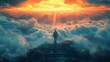 © Chandlerlikes - Man ascending stairs above a cityscape digital art on a cloudy sky background concept of ambition