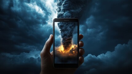 Poster - A tornado warning alert displayed on a smartphone against a stormy background.