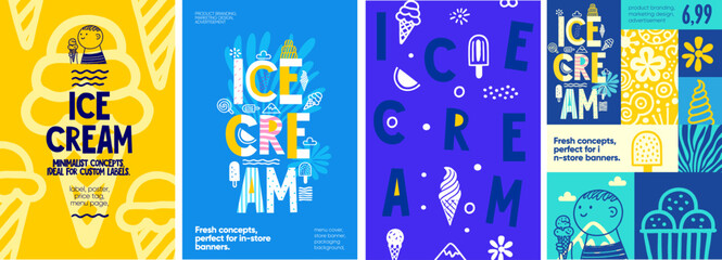 Ice Cream. Fun and cheerful ice cream designs with vibrant colors and hand-drawn illustrations, ideal for posters, packaging, and in-store branding.