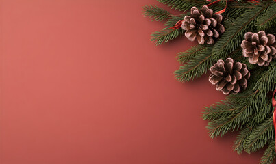 Wall Mural - Festive Christmas frame on red background made of Chritmas fir branches and pines with space for text at center. Flat lay.