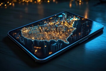 Aufkleber - A glowing state map displayed on a tablet, with cities highlighted in vivid colors.