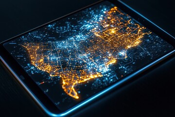 Aufkleber - A glowing state map displayed on a tablet, with cities highlighted in vivid colors.