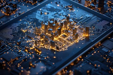 Poster - A glowing state map displayed on a tablet, with cities highlighted in blue tone colors.