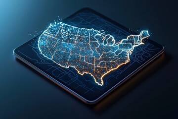 Fototapete - A glowing state map displayed on a tablet, with cities highlighted in blue tone colors.