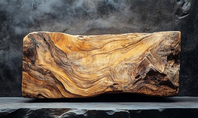 Wall Mural - A large rustic wood slab rests on a dark stone surface