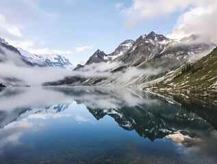 Fototapete - Serene alpine lake reflecting a hazy mountain sky.